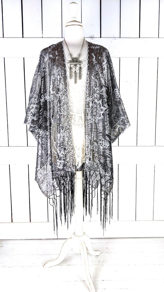 Silver and Black Sequin Sheer Kimono Cover Up - Etsy