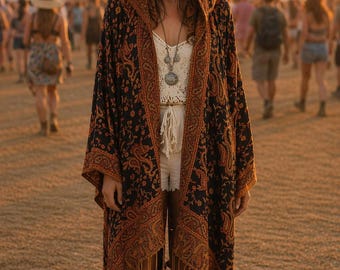 Hooded black and orange paisley pashmina kimono cover up jacket