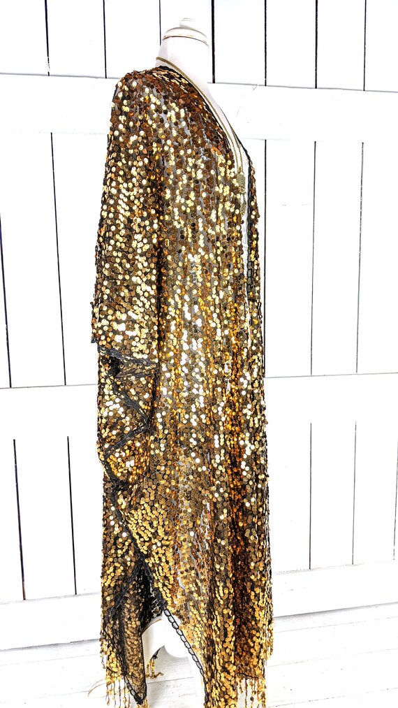 Maxi Gold Black Round Sequin Kimono Cover up Fringe Jacket