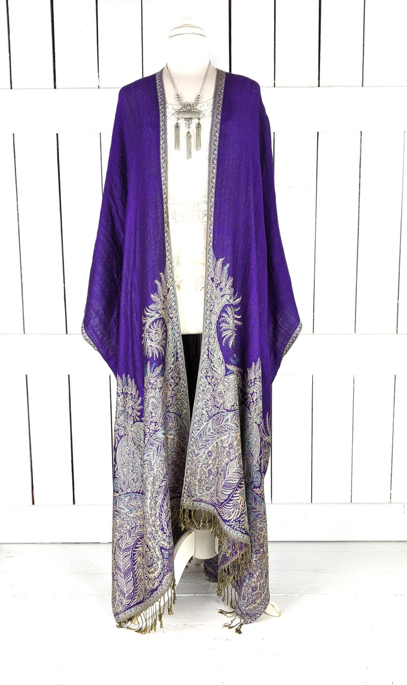 Purple floral reversible pashmina kimono cover up jacket with custom lengths and fringe detail image 5