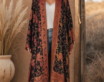 Black and orange paisley pashmina kimono cover up