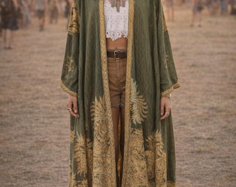 Maxi green floral pashmina hooded kimono cover up jacket
