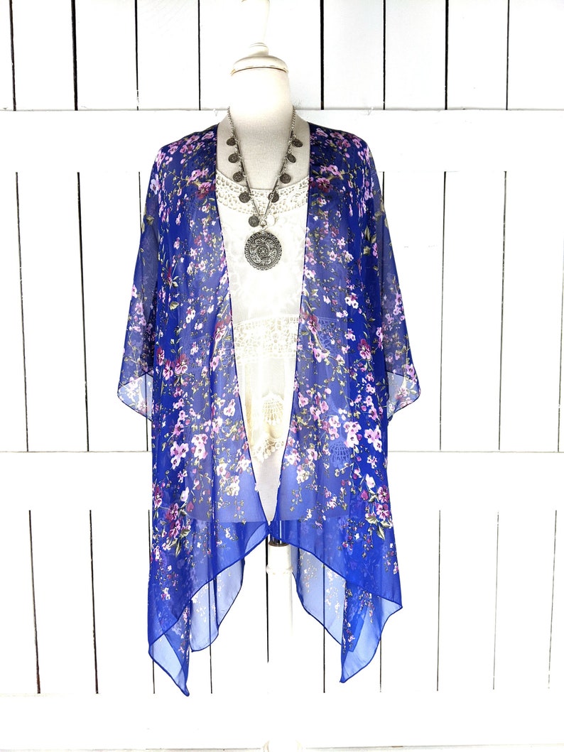 Sheer blue floral chiffon kimono cover up image 1