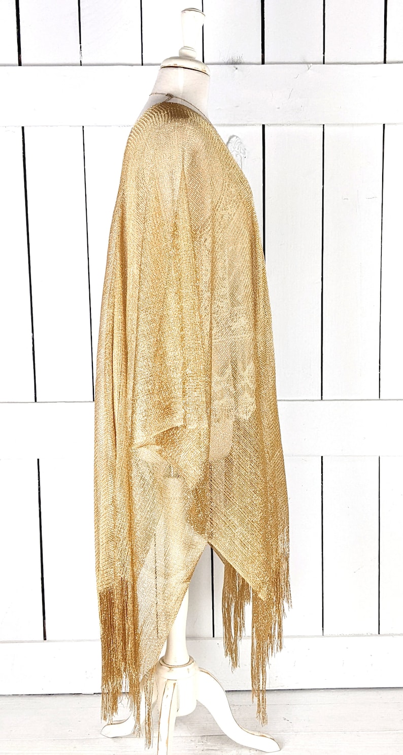 Gold metallic mesh kimono cover up jacket with custom sleeve and fringe detail image 4