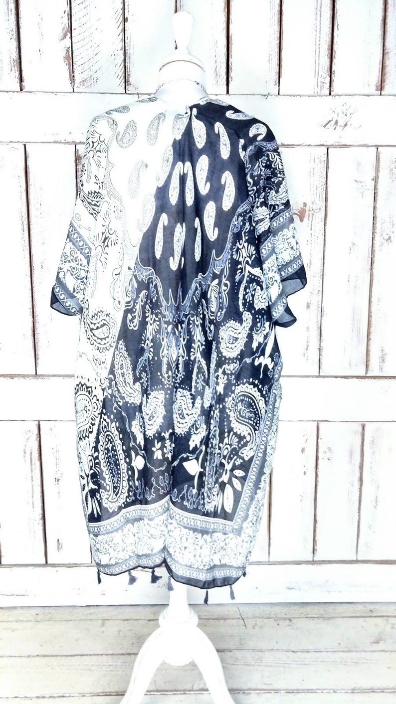 Blackivory paisley handkerchief print bohemian tassel kimono cardiganboho sheer cover up blouse festival topsmlplus sizeone size