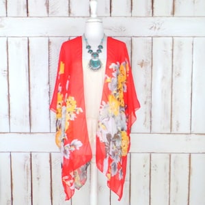 Red, yellow and grey floral print sheer kimono cover up