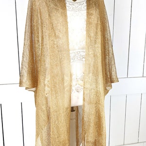 Gold metallic mesh kimono cover up jacket with custom sleeve and fringe detail Long - 6 Inch