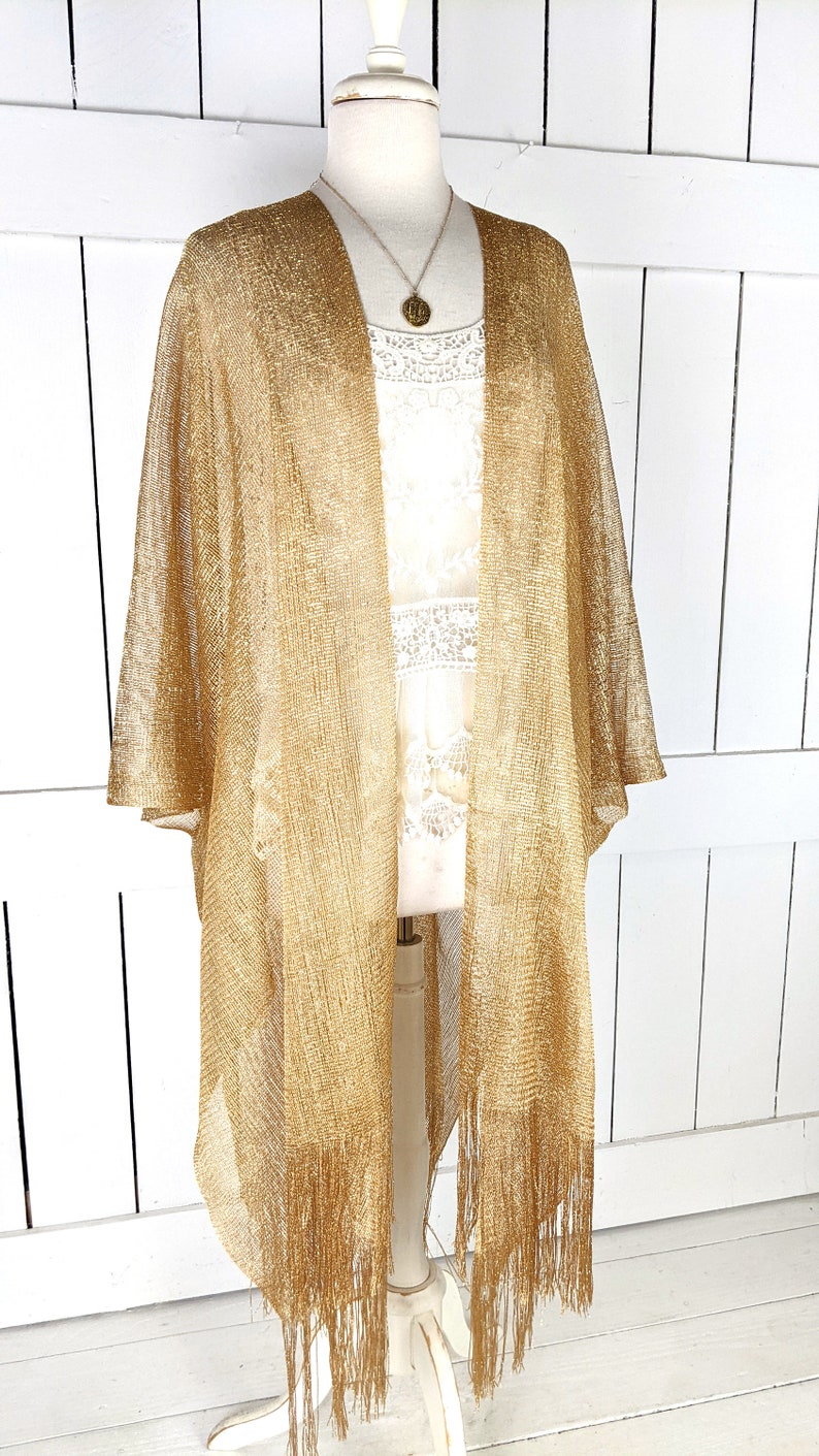 Gold metallic mesh kimono cover up jacket with custom sleeve and fringe detail Long - 6 Inch