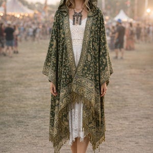 Paisley Pashmina Kimono mit Kapuze und Fransen