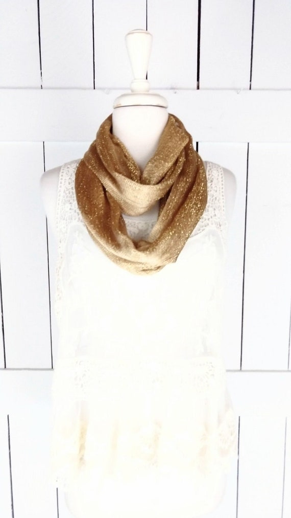 Metallic gold mesh open weave infinity scarf