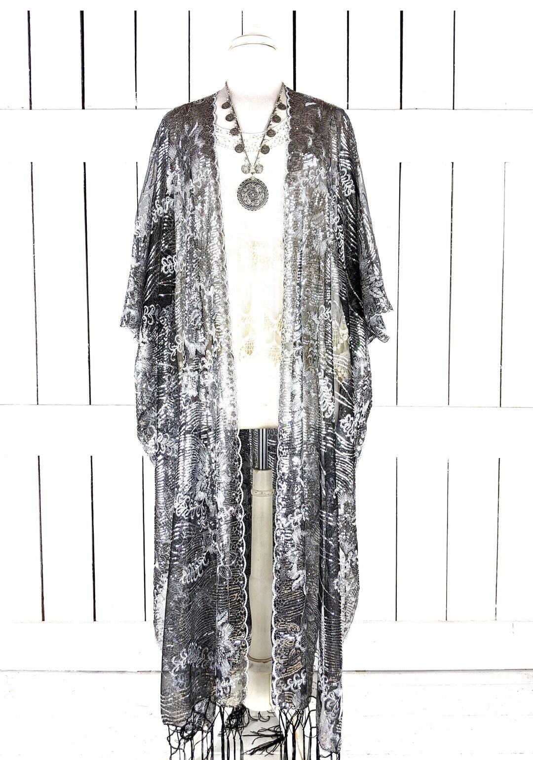 Maxi Silver and Black Sequin Sheer Kimono Cover up Jacket With Etsy