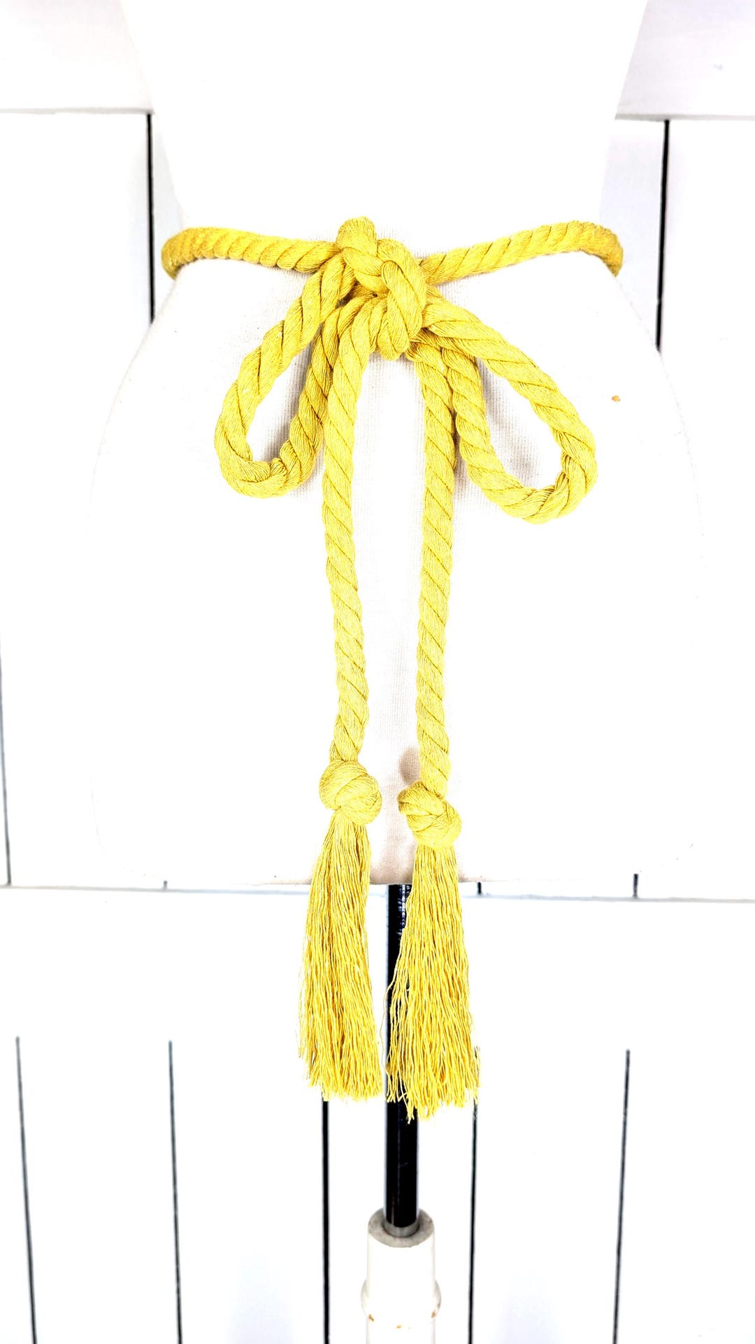 Yellow braided long rope knotted tassel chord tie belt Rope, Belt, Yellow Rope Belt, Long Yellow Cotton Braided  main image 3