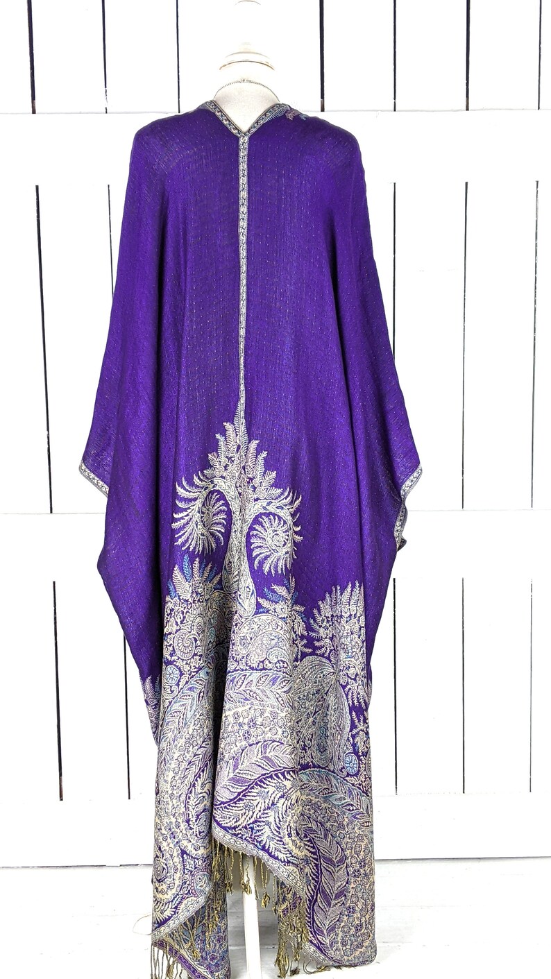 Purple floral reversible pashmina kimono cover up jacket with custom lengths and fringe detail image 8