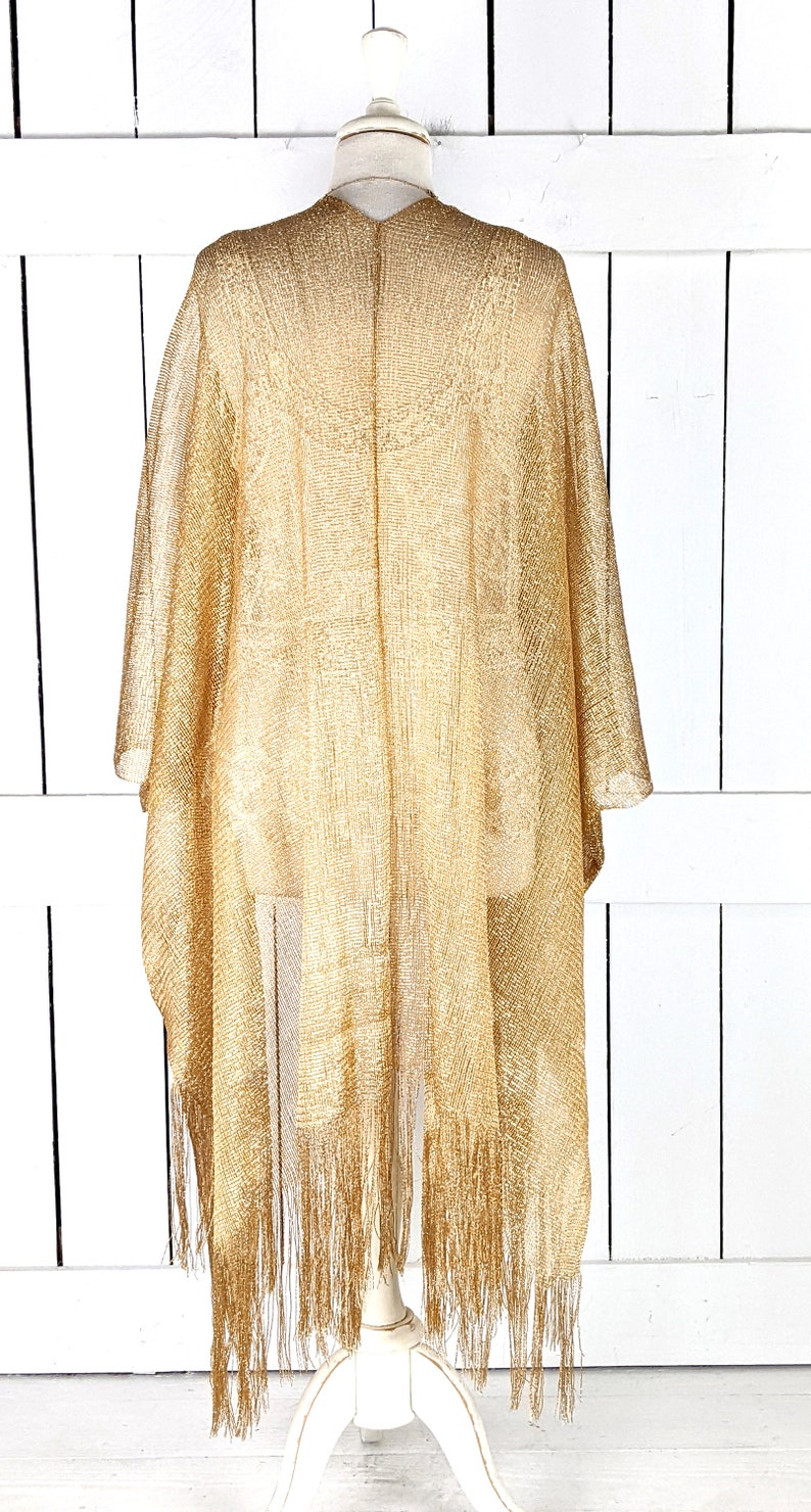 Gold metallic mesh kimono cover up jacket with custom sleeve and fringe detail image 5