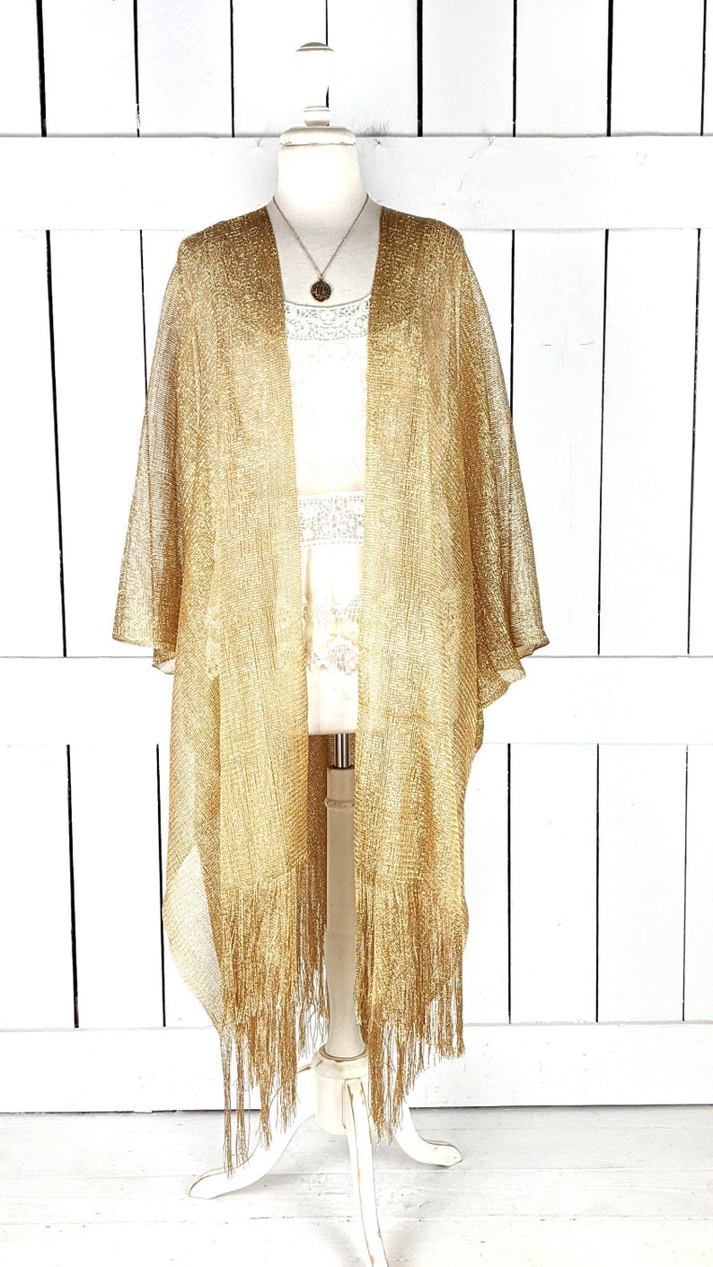Gold metallic mesh kimono cover up jacket with custom sleeve and fringe detail image 1