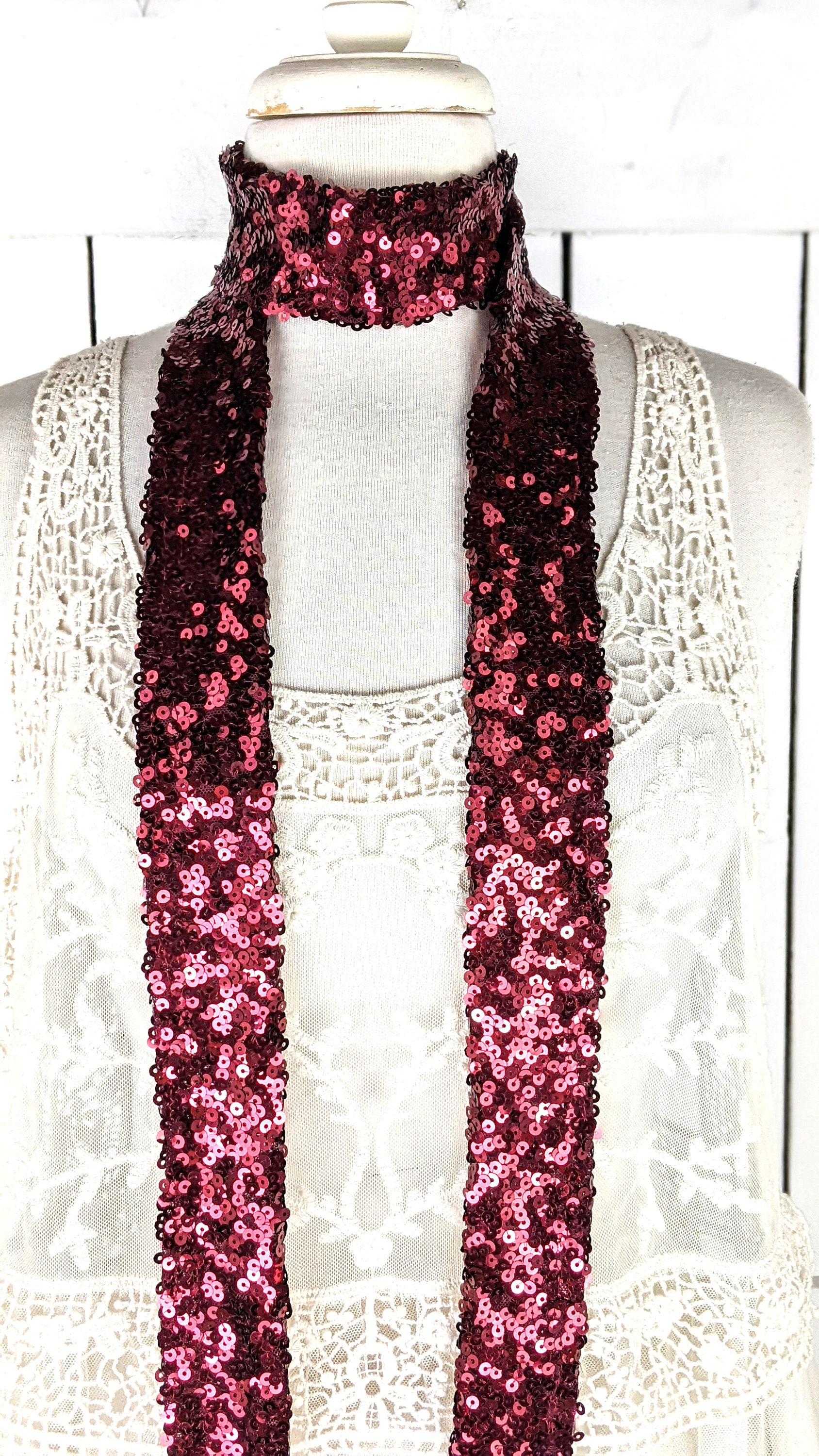 Red sequins skinny long sash tie necklace choker belt Red Sequins Skinny Long Sash Tie Necklace Choker Belt - Etsy main image 2