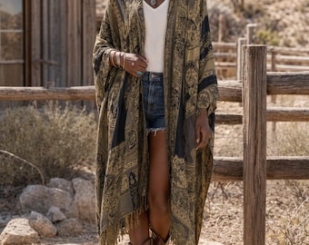Hooded Black and Gold Paisley Fringe Kimono Coverup