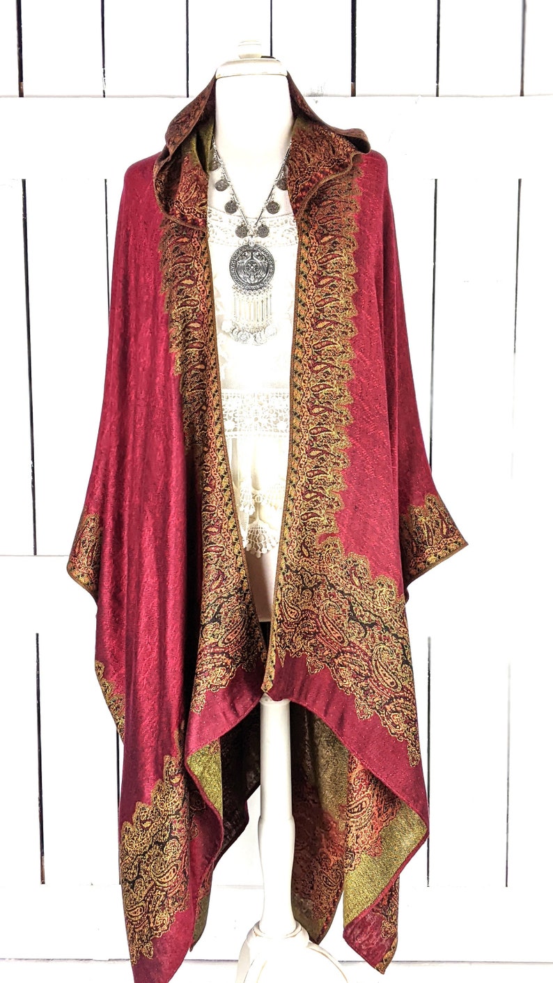 Hooded Burgundy and Gold Border Paisley Pashmina Kimono Cover - Etsy