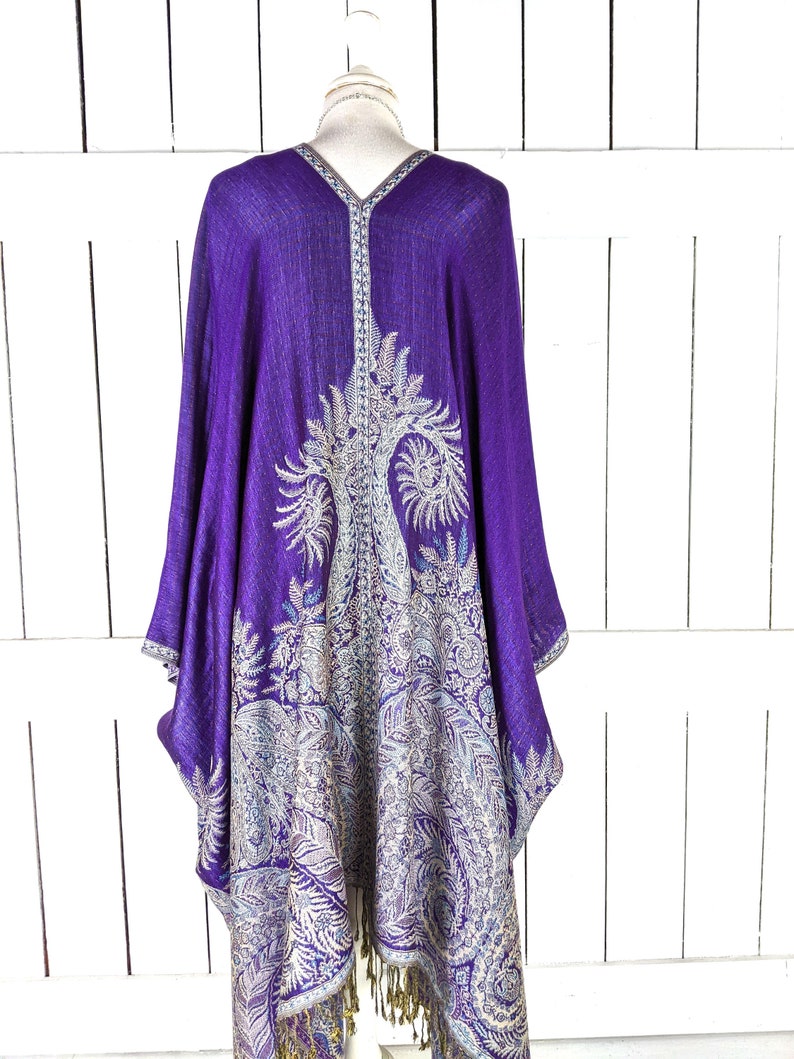 Purple floral reversible pashmina kimono cover up jacket with custom lengths and fringe detail image 3