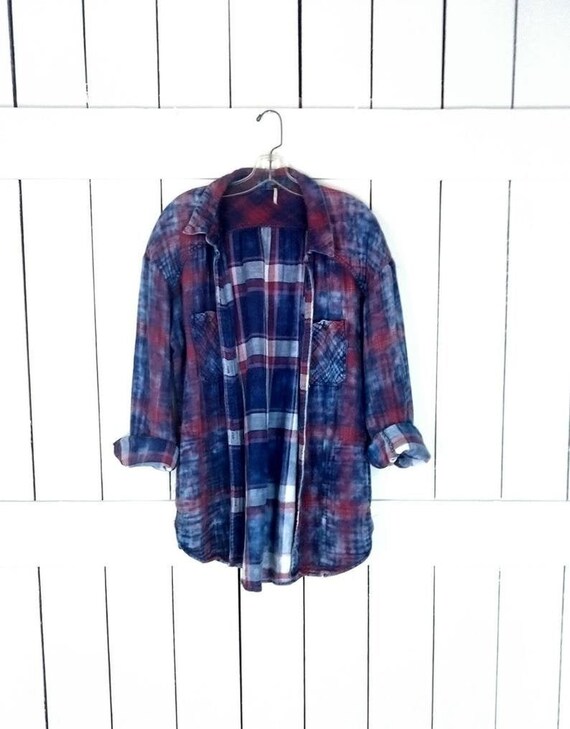 90s cotton blue plaid tye dye bleached flannel shi