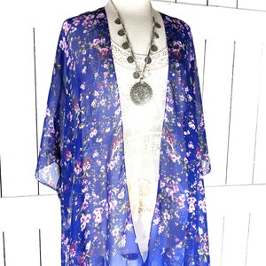 Sheer blue floral chiffon kimono cover up image 2