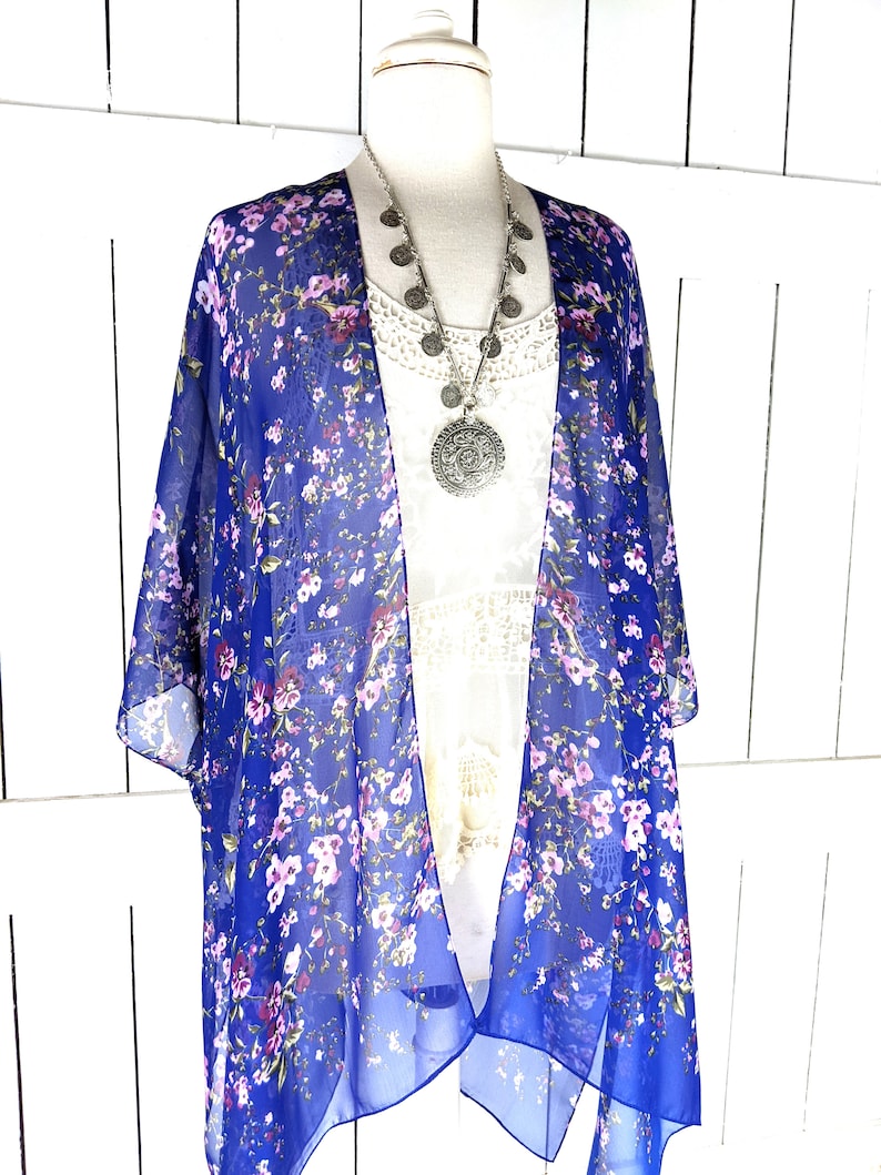 Sheer blue floral chiffon kimono cover up image 2