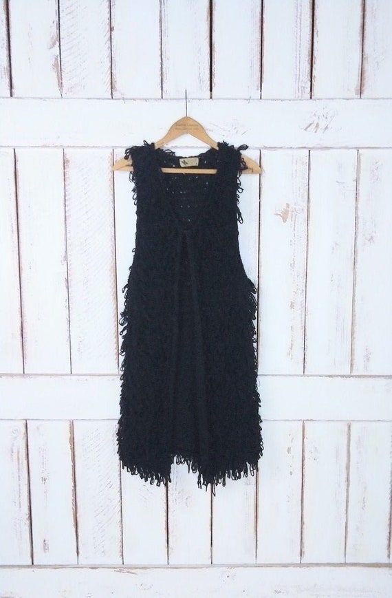 Vintage chunky black knit sweater vest/long woven