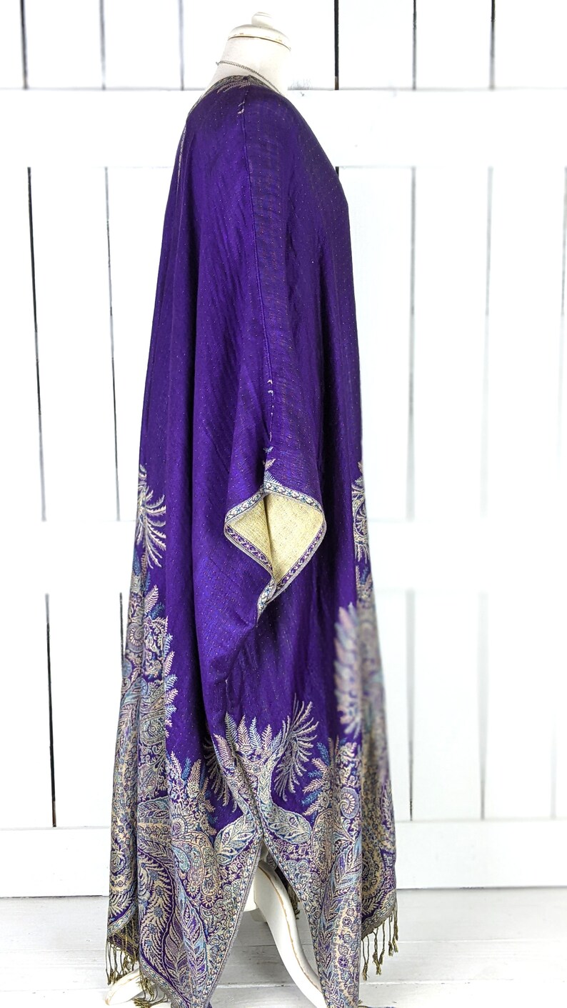 Purple floral reversible pashmina kimono cover up jacket with custom lengths and fringe detail image 7