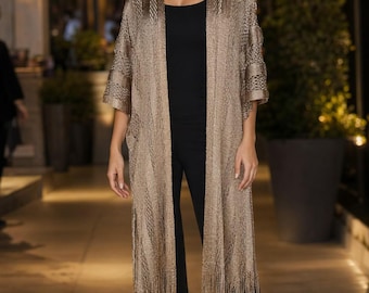 Striped metallic fishnet tassel fringe cover up kimono