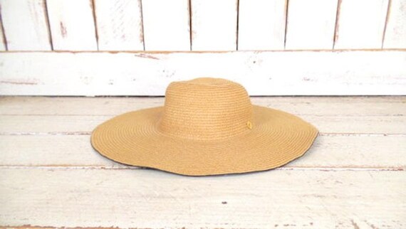 Tan brown/black paper straw floppy sun hat/vintage