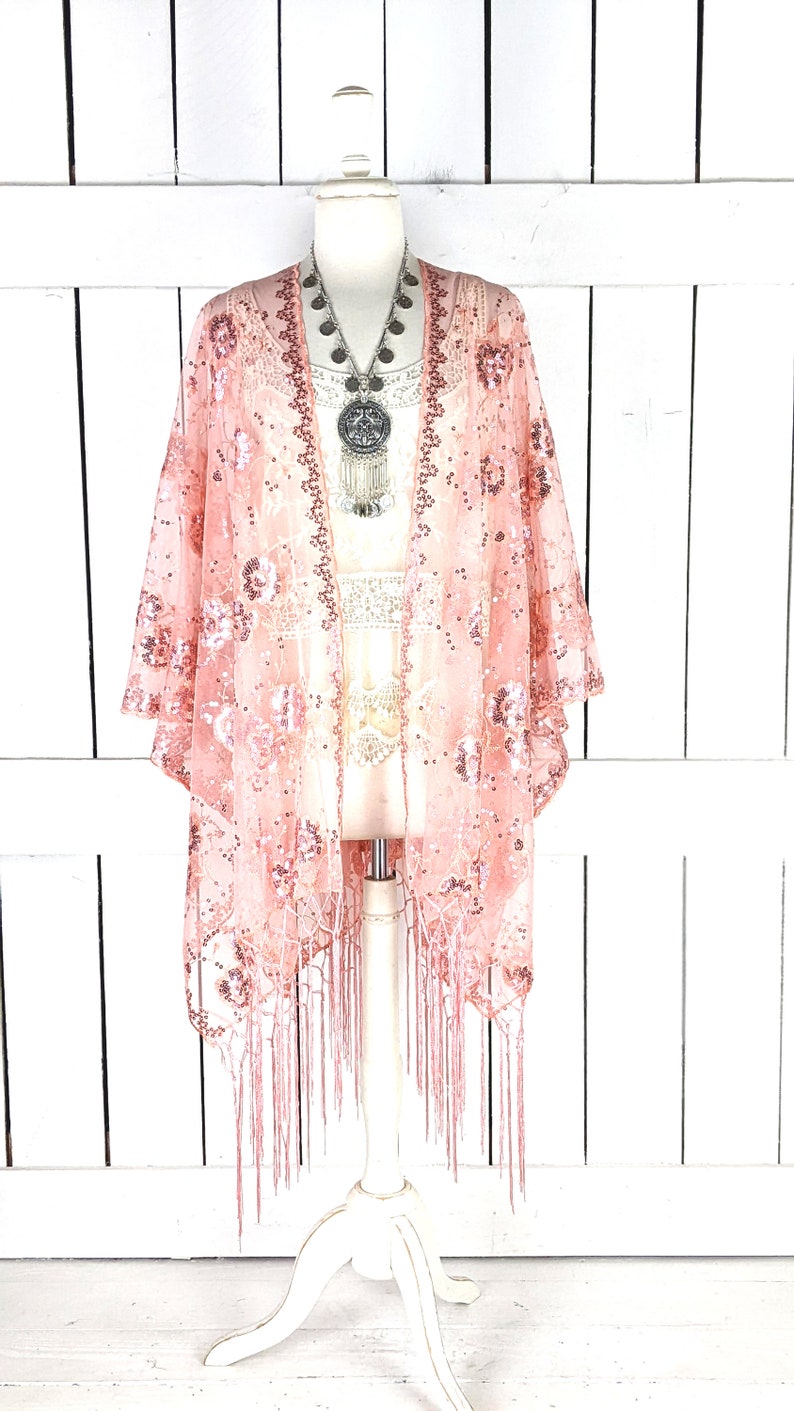 Peach Pink Sheer Net Sequin Floral Kimono Cover up Jacket Etsy