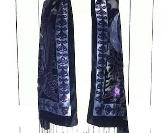 Purple floral velvet fringe shawl scarf