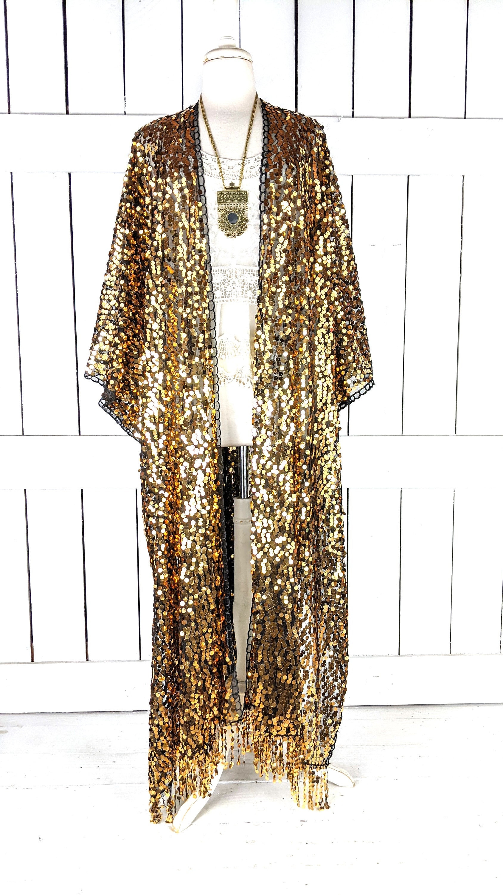 Maxi gold black round sequin kimono cover up fringe jacket