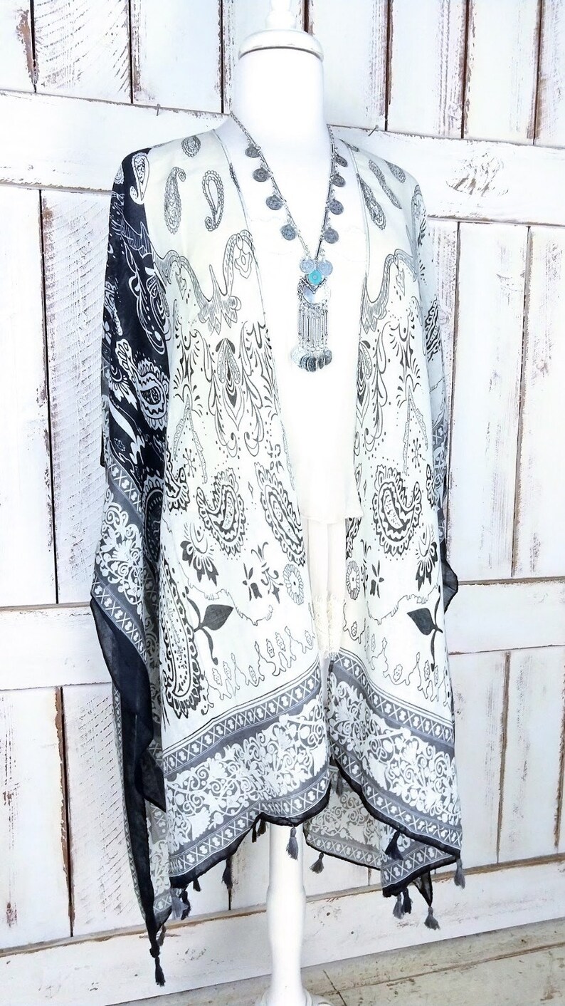 Blackivory paisley handkerchief print bohemian tassel kimono cardiganboho sheer cover up blouse festival topsmlplus sizeone size