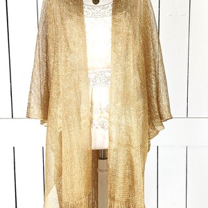 Gold metallic mesh kimono cover up jacket with custom sleeve and fringe detail image 3