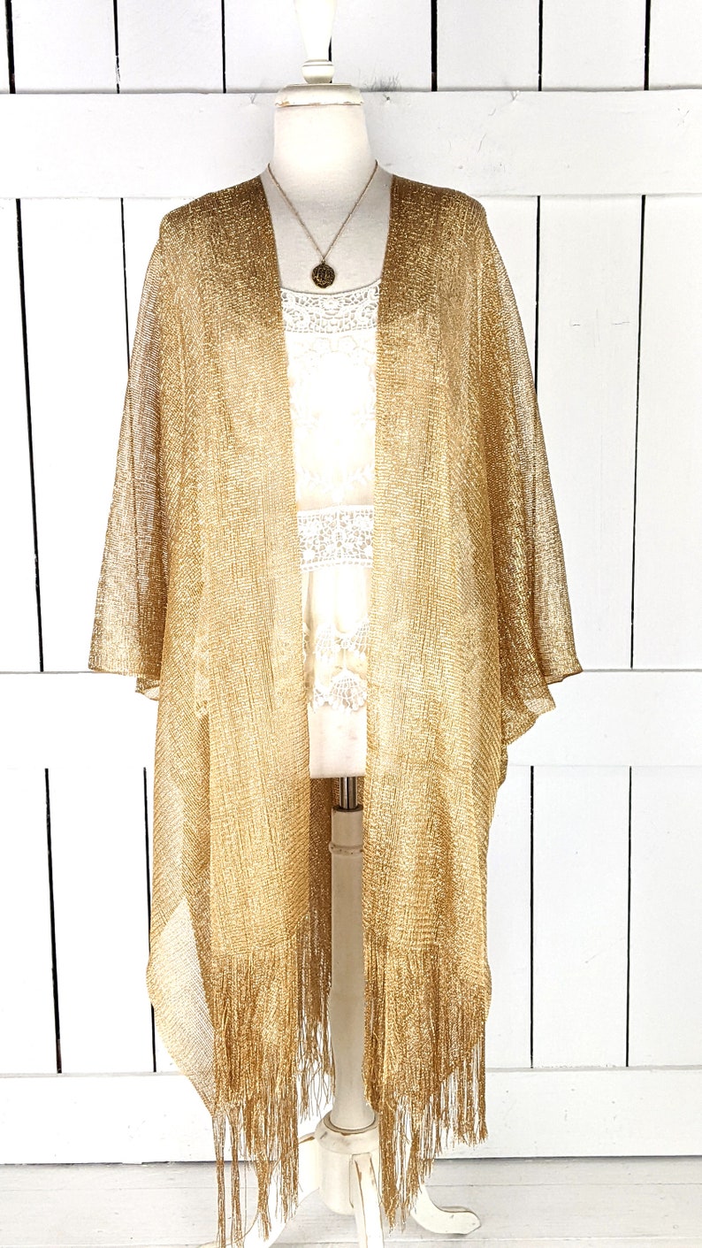 Gold metallic mesh kimono cover up jacket with custom sleeve and fringe detail image 3