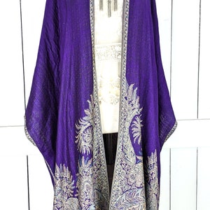 Purple floral reversible pashmina kimono cover up jacket with custom lengths and fringe detail image 6