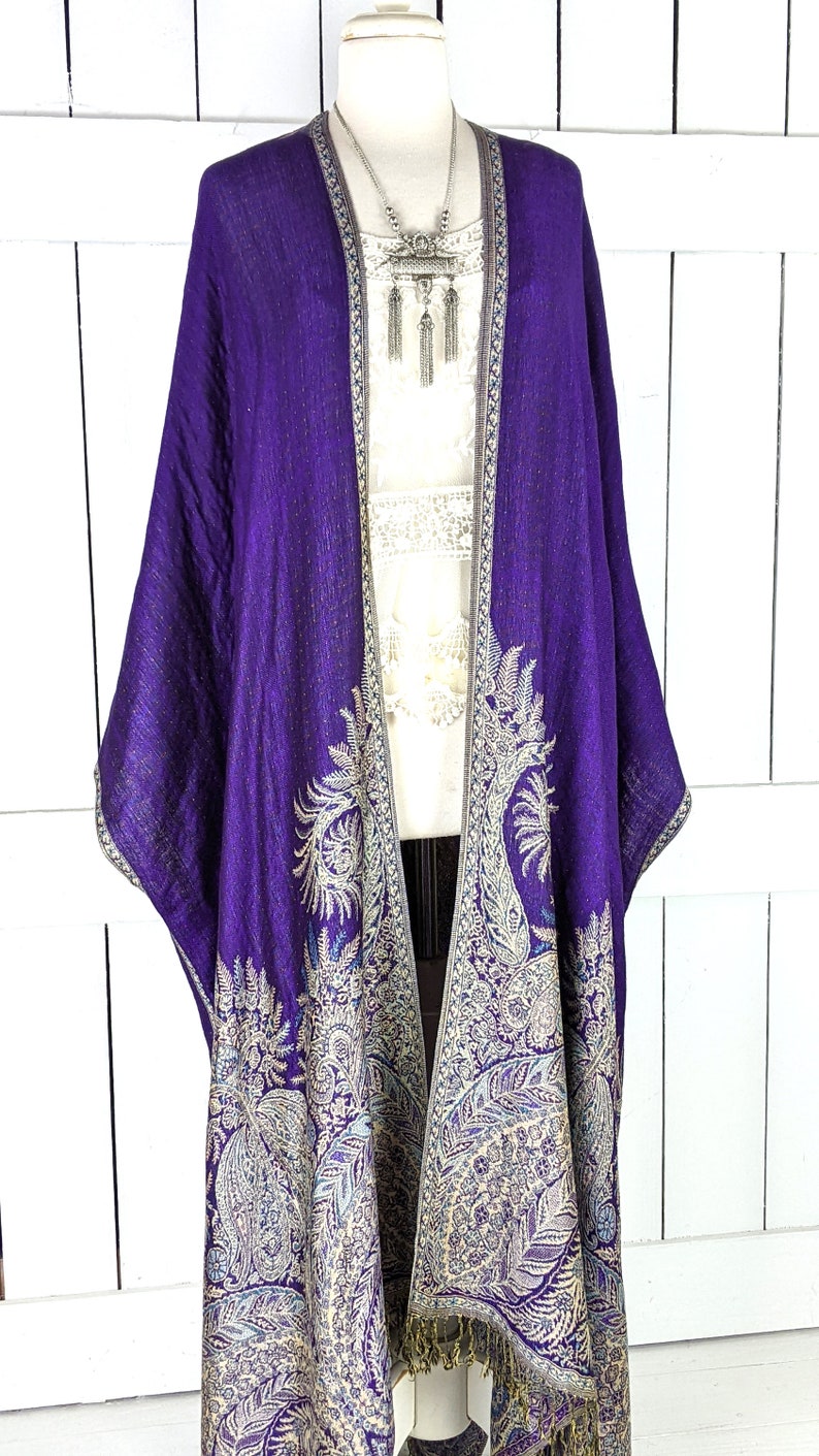 Purple floral reversible pashmina kimono cover up jacket with custom lengths and fringe detail image 6