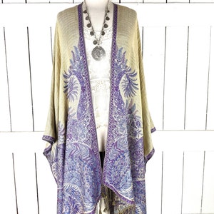 Purple floral reversible pashmina kimono cover up jacket with custom lengths and fringe detail image 2