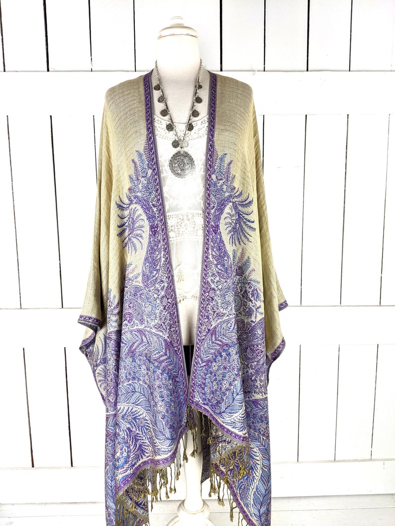 Purple floral reversible pashmina kimono cover up jacket with custom lengths and fringe detail image 2