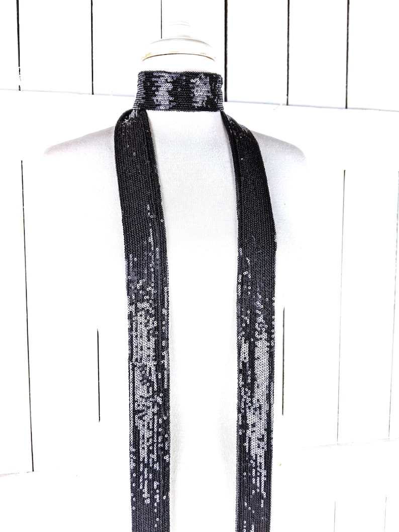 Black sequins skinny long sash tie necklace choker belt image 2