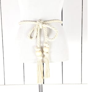 Ivory long braided knotted wooden bead fringe tassel tie rope chord belt