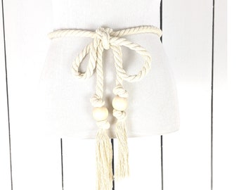 Ivory long braided knotted wooden bead fringe tassel tie rope chord belt -READY TO SHIP