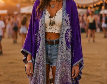 Purple floral reversible pashmina kimono cover up