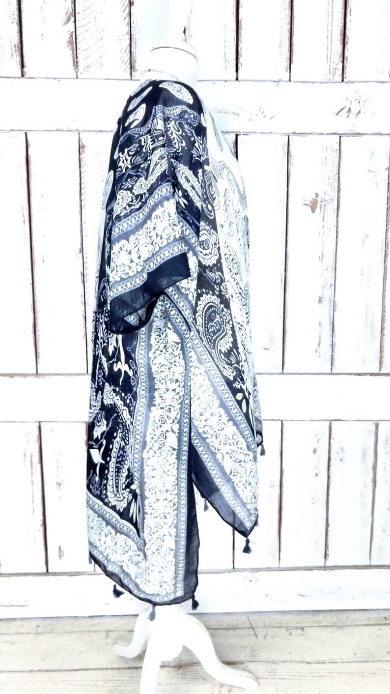 Blackivory paisley handkerchief print bohemian tassel kimono cardiganboho sheer cover up blouse festival topsmlplus sizeone size