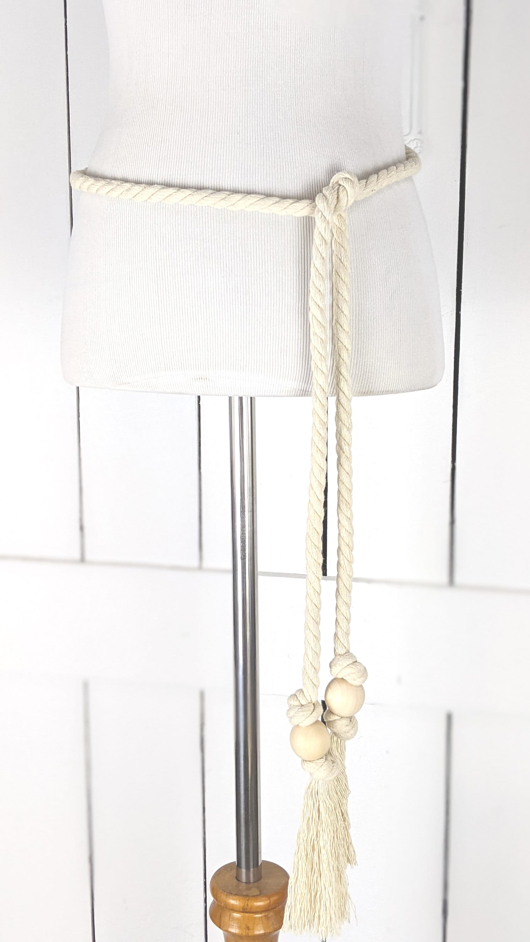Ivory long woven braided rope knotted fringe tassel tie belt Handmade White Braided Cotton Belt With Tassels: Boho Dress  main image 3
