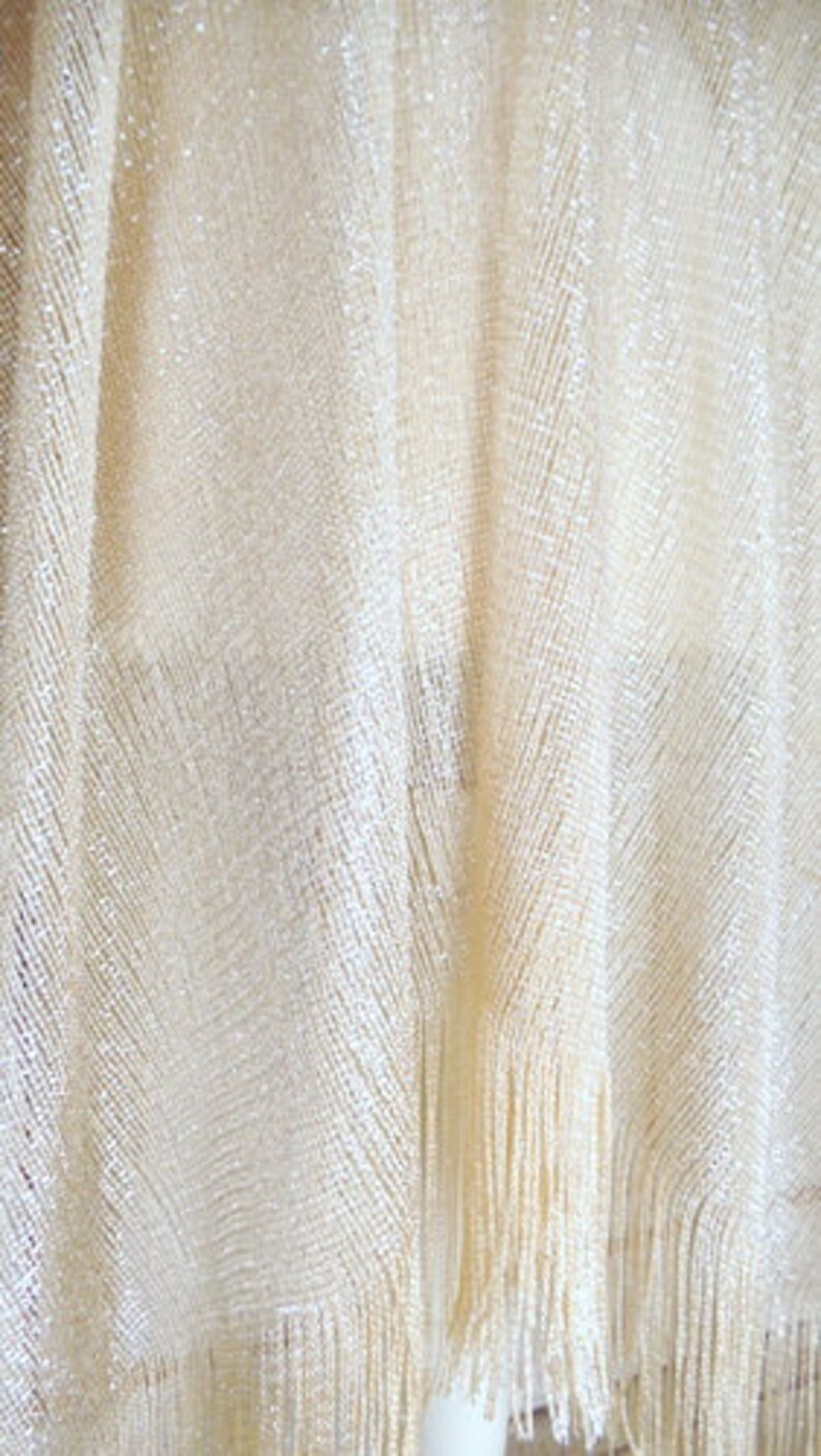 Light gold sheer gauzy metallic thread bohemian fringe kimono cardiganwoven mesh cover up blousegypsy festival topone size
