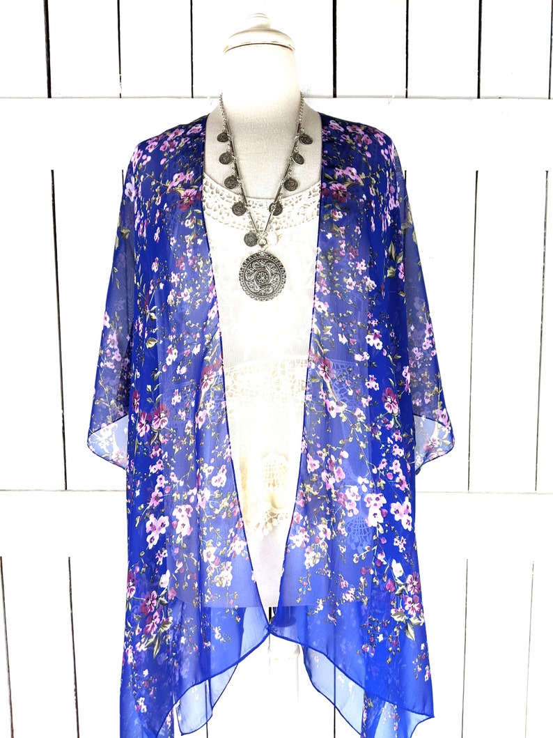 Sheer blue floral chiffon kimono cover up image 5