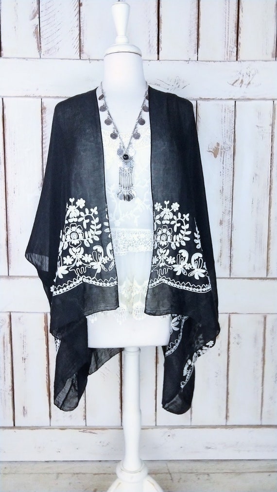 Blackivory paisley handkerchief print bohemian tassel kimono cardiganboho sheer cover up blouse festival topsmlplus sizeone size