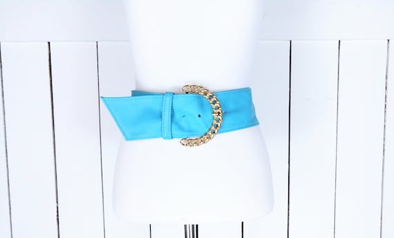 Vintage wide blue leather gold chain buckle belt/B